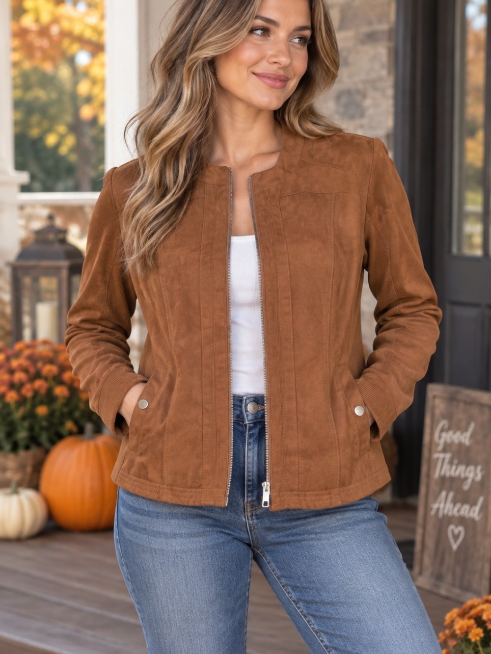 Women’s Tan Faux Suede Zip-Front Jacket Fall Layers Quiet Luxury